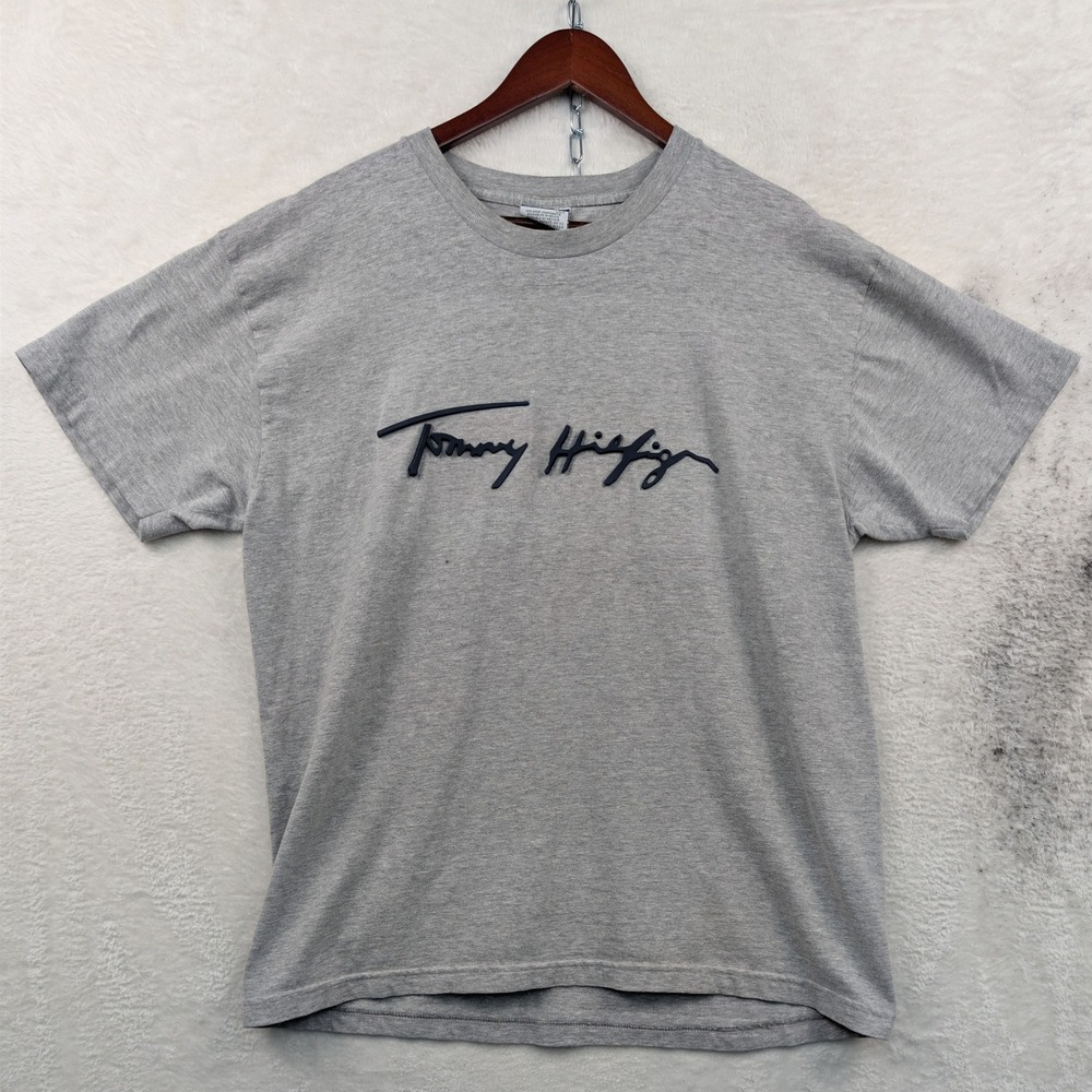 VTG Tommy Hilfiger T-Shirt Men's Large Gray Script 3D Logo Signature 90s